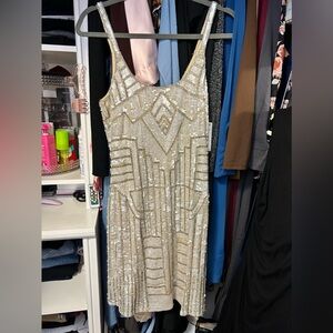 Adrianna Pepel Gold sequin mini gold dress for birthday dinner new year eve 2025